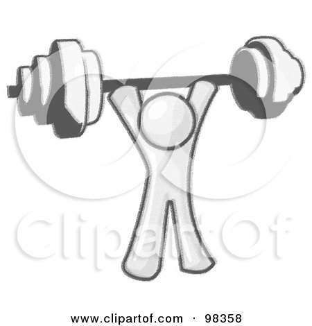 Royalty-Free (RF) Clipart Illustration of a Sketched Design Mascot Man Character Holding A Heavy Barbel Above His Head by Leo Blanchette