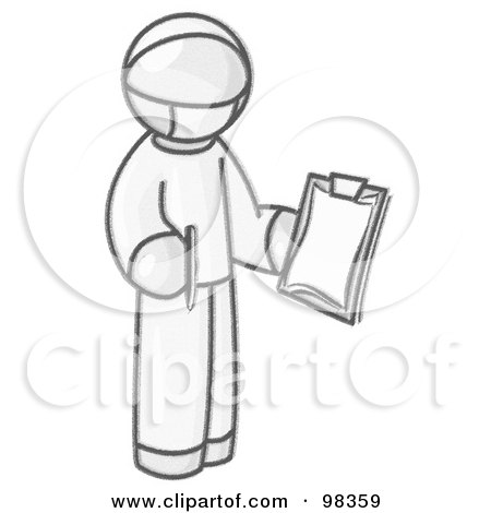 Royalty-Free (RF) Clipart Illustration of a Sketched Design Mascot Surgeon Man In Scrubs, Holding A Clipboard And Pen by Leo Blanchette