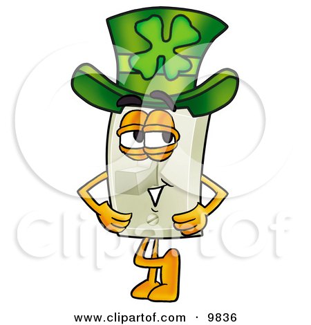 Clipart Picture of a Light Switch Mascot Cartoon Character Wearing a Saint Patricks Day Hat With a Clover on it by Mascot Junction