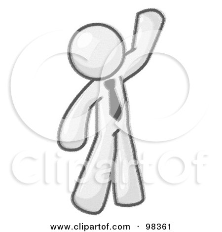 Royalty-Free (RF) Clipart Illustration of a Sketched Design Mascot Man Greeting And Waving While Welcoming Guests by Leo Blanchette