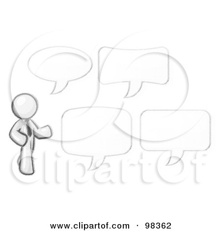 Royalty-Free (RF) Clipart Illustration of a Sketched Design Mascot Businessman With Four Different Word Bubbles by Leo Blanchette