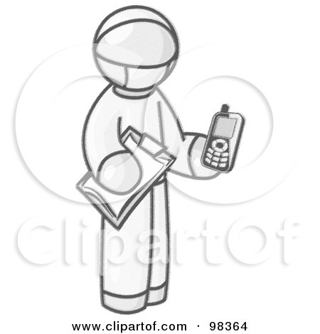 Royalty-Free (RF) Clipart Illustration of a Sketched Design Mascot Surgeon Man In Scrubs, Holding A Clipboard And A Wireless Cell Phone by Leo Blanchette