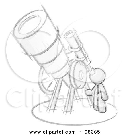 Royalty-Free (RF) Clipart Illustration of a Sketched Design Mascot Man Looking Through A Huge Telescope Up At The Stars In The Night Sky by Leo Blanchette