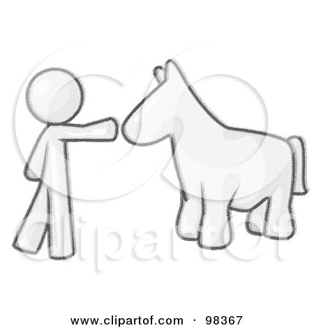 Royalty-Free (RF) Clipart Illustration of a Sketched Design Mascot Man Petting A Blue Horse by Leo Blanchette