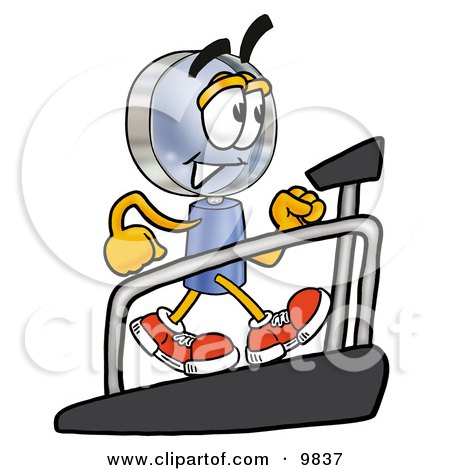 Clipart Picture of a Magnifying Glass Mascot Cartoon Character Walking on a Treadmill in a Fitness Gym by Mascot Junction