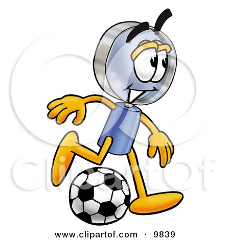 Clipart Picture of a Magnifying Glass Mascot Cartoon Character Kicking a Soccer Ball by Mascot Junction