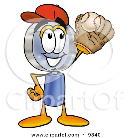 Clipart Picture of a Magnifying Glass Mascot Cartoon Character Catching a Baseball With a Glove by Mascot Junction