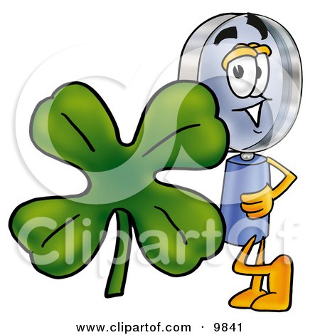 Clipart Picture of a Magnifying Glass Mascot Cartoon Character With a Green Four Leaf Clover on St Paddy's or St Patricks Day by Mascot Junction