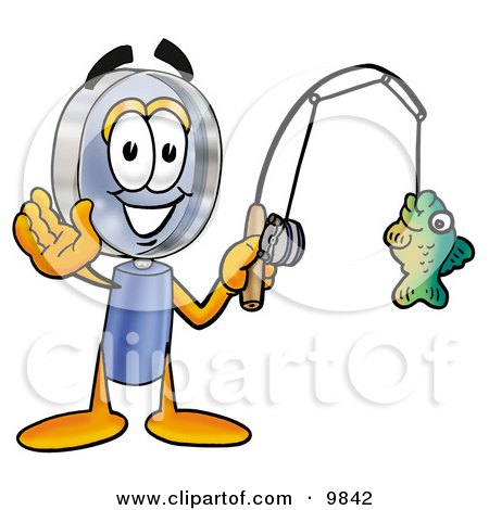 Clipart Picture of a Magnifying Glass Mascot Cartoon Character Holding a Fish on a Fishing Pole by Mascot Junction