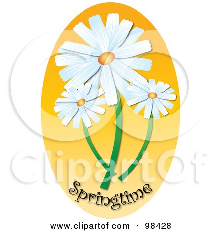 Royalty-Free (RF) Clipart Illustration of Three White Daisies And Spring Time Text Over An Orange Oval by Pams Clipart