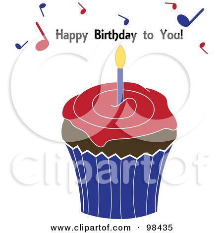 Royalty-Free (RF) Clipart Illustration of a Happy Birthday To You Text And Music Notes Above A Cupcake by Pams Clipart