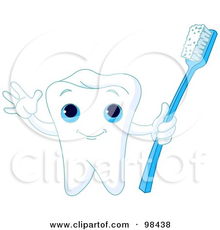 Royalty-Free (RF) Clipart Illustration of a Cute Blue Eyed Tooth Waving And Holding A Toothbrush by Pushkin