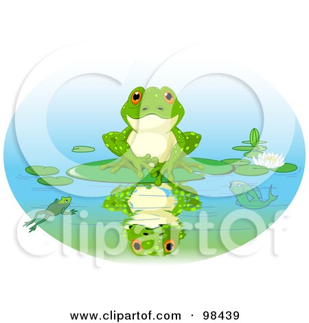 Royalty-Free (RF) Clipart Illustration of a Cute Frog Sitting On A Lily Pad With His Reflection On The Water by Pushkin