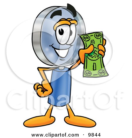 Clipart Picture of a Magnifying Glass Mascot Cartoon Character Holding a Dollar Bill by Mascot Junction