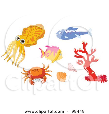 Royalty-Free (RF) Clipart Illustration of a Digital Collage Of A Squid, Fish, Crab, Shells And Coral by yayayoyo