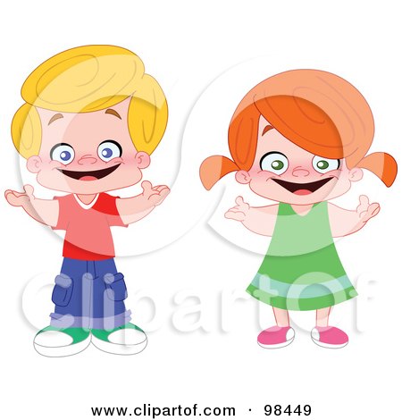 Royalty-Free (RF) Clipart Illustration of a Digital Collage Of A Happy Smiling Boy And Girl Holding Their Arms Out by yayayoyo