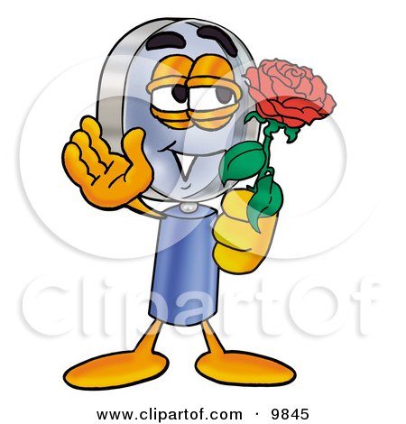 Clipart Picture of a Magnifying Glass Mascot Cartoon Character Holding a Red Rose on Valentines Day by Mascot Junction