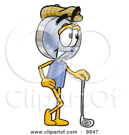 Clipart Picture of a Magnifying Glass Mascot Cartoon Character Leaning on a Golf Club While Golfing by Mascot Junction