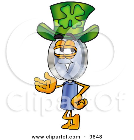 Clipart Picture of a Magnifying Glass Mascot Cartoon Character Wearing a Saint Patricks Day Hat With a Clover on it by Mascot Junction