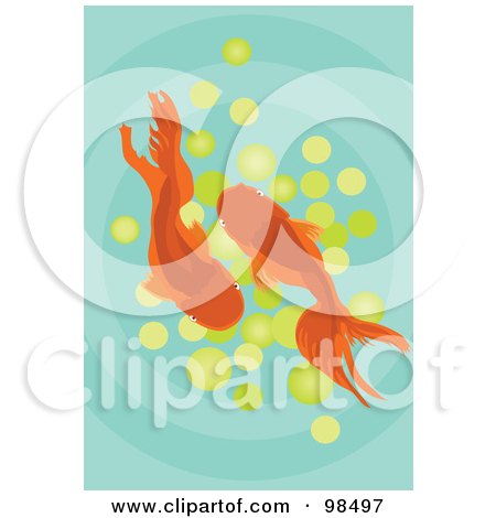 Royalty-Free (RF) Clipart Illustration of a View Down On Two Goldfish Over Green by mayawizard101
