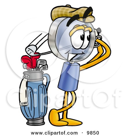 Clipart Picture of a Magnifying Glass Mascot Cartoon Character Swinging His Golf Club While Golfing by Mascot Junction