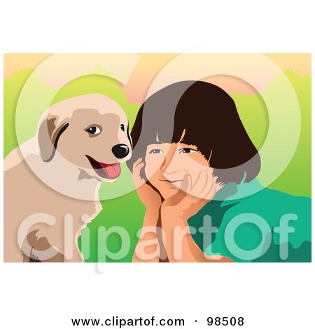 Royalty-Free (RF) Clipart Illustration of a Puppy Dog Sitting By A Little Boy by mayawizard101