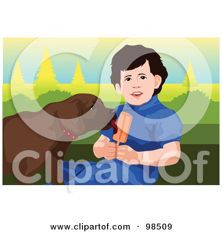 Royalty-Free (RF) Clipart Illustration of a Dog Licking A Little Boy's Popsicle by mayawizard101