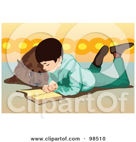 Royalty-Free (RF) Clipart Illustration of a Dog Looking At A Boy While He Reads by mayawizard101