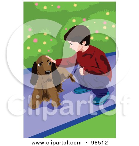 Royalty-Free (RF) Clipart Illustration of a Crouching Boy Petting A Dog by mayawizard101