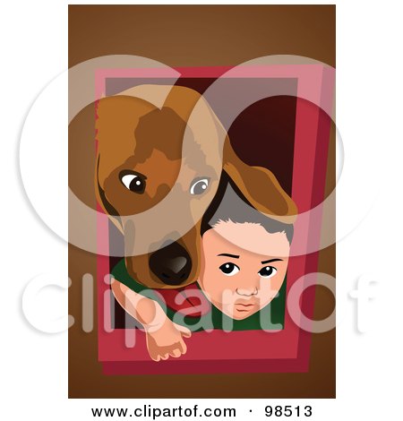 Royalty-Free (RF) Clipart Illustration of a Dog And Boy Peeking Their Heads Through A Dog Door by mayawizard101