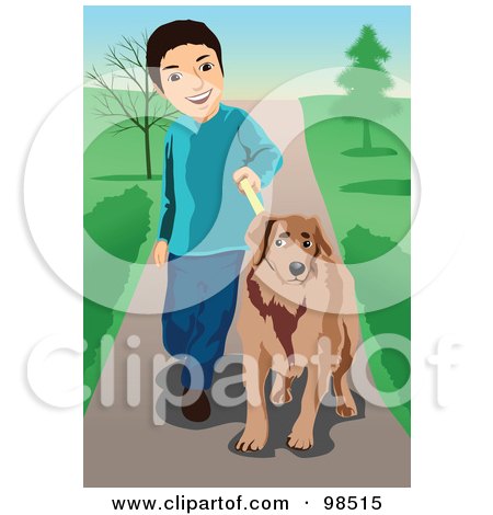 Royalty-Free (RF) Clipart Illustration of a Boy Training His Dog On A Leash by mayawizard101