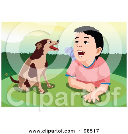 Royalty-Free (RF) Clipart Illustration of a Boy Laying On His Belly And Talking To His Dog by mayawizard101