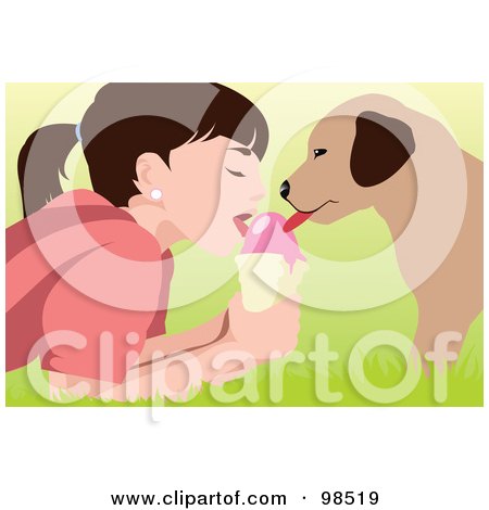 Royalty-Free (RF) Clipart Illustration of a Girl And Puppy Sharing An Ice Cream Cone by mayawizard101