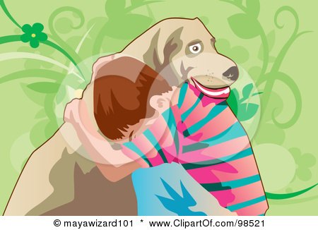 Royalty-Free (RF) Clipart Illustration of a Lonely Boy Hugging His Dog For Comfort by mayawizard101