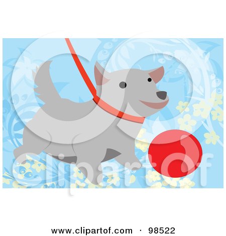 Royalty-Free (RF) Clipart Illustration of a Leashed Dog By A Red Ball by mayawizard101