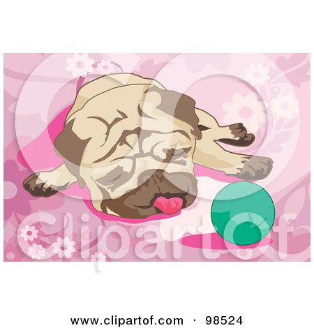 Royalty-Free (RF) Clipart Illustration of a Pug Resting By A Green Ball, On A Pink Floral Background by mayawizard101