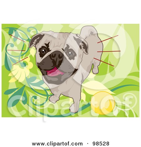 Royalty-Free (RF) Clipart Illustration of a Pug Standing By A Yellow Ball, On A Green Floral Background by mayawizard101