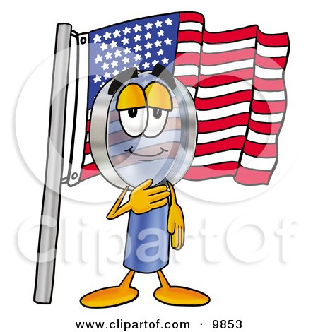 Clipart Picture of a Magnifying Glass Mascot Cartoon Character Pledging Allegiance to an American Flag by Mascot Junction