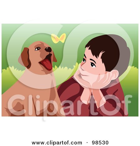 Royalty-Free (RF) Clipart Illustration of a Boy And Puppy Watching A Butterfly by mayawizard101