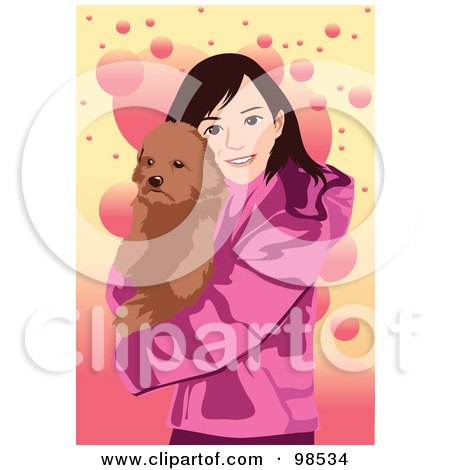 Royalty-Free (RF) Clipart Illustration of a Girl Carrying Her Dog, On A Pink And Yellow Background by mayawizard101