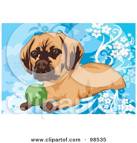 Royalty-Free (RF) Clipart Illustration of a Little Dog Sitting With A Green Ball Over A Blue Floral Background by mayawizard101