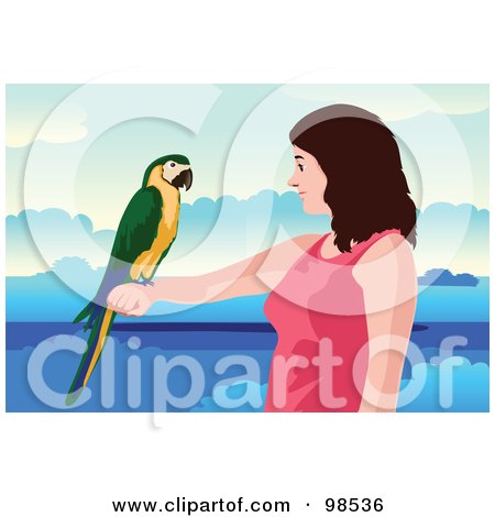 Royalty-Free (RF) Clipart Illustration of a Smiling Woman Holding Out A Macaw Parrot On Her Arm by mayawizard101