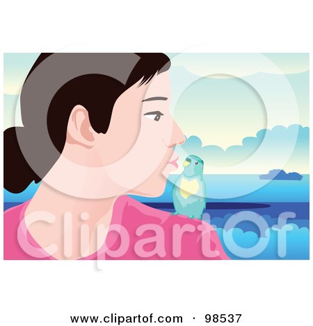 Royalty-Free (RF) Clipart Illustration of a Girl Turning Her Head To Kiss Her Parakeet On Her Shoulder by mayawizard101
