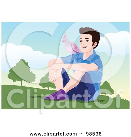 Royalty-Free (RF) Clipart Illustration of a Boy Sitting Outdoors With His Parrot On His Shoulder by mayawizard101