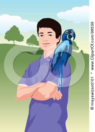 Royalty-Free (RF) Clipart Illustration of a Boy Standing With A Blue Macaw On His Shoulder by mayawizard101