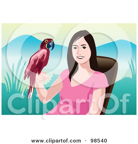 Royalty-Free (RF) Clipart Illustration of a Girl Sitting And Holding A Red Macaw by mayawizard101