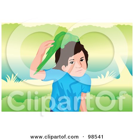 Royalty-Free (RF) Clipart Illustration of a Green Parrot Playing In A Boy's Hair by mayawizard101