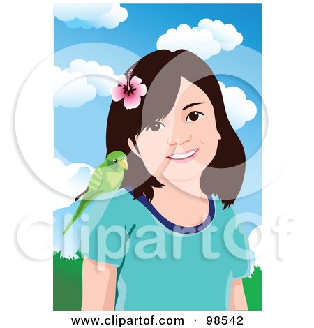 Royalty-Free (RF) Clipart Illustration of a Little Girl With A Green Budgie On Her Shoulder by mayawizard101