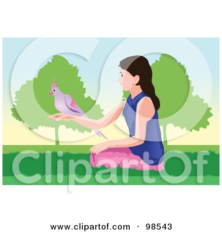 Royalty-Free (RF) Clipart Illustration of a Girl Sitting In Grass With A Parrot On Her Arm by mayawizard101