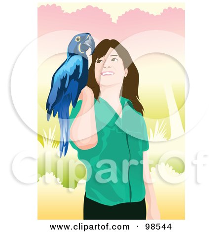 Royalty-Free (RF) Clipart Illustration of a Woman Smiling At Her Blue Macaw by mayawizard101